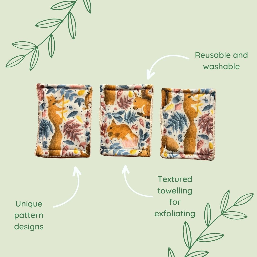 Eco-friendly red squirrel exfoliating pads, an ideal addition to sustainable skincare products.