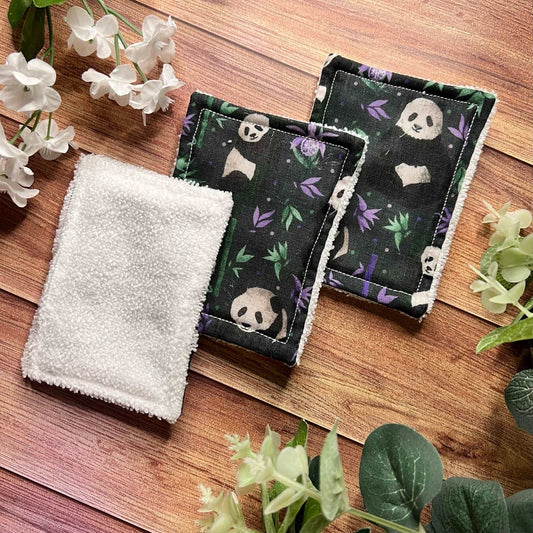 Eco-friendly panda exfoliating pads, perfect gift for panda lovers.