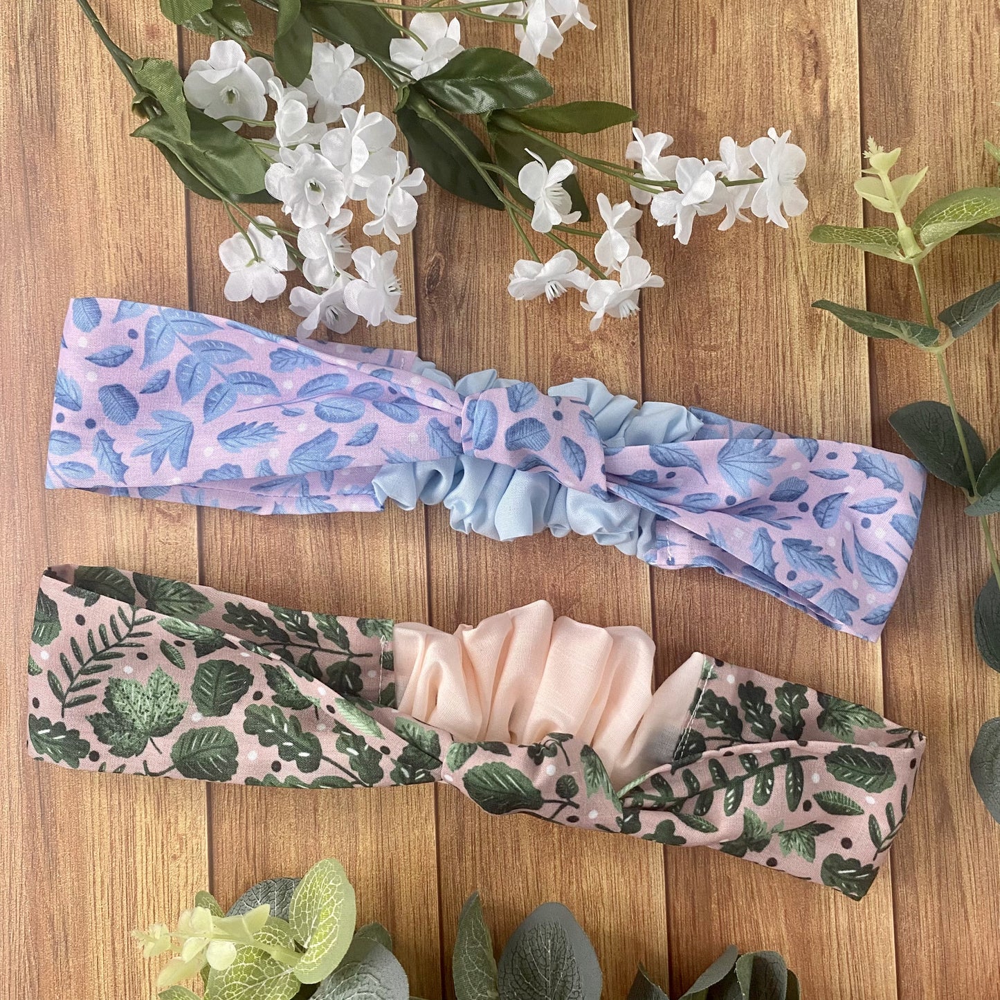 set of two headbands pretty pattern foliage pink blue green colour scheme 